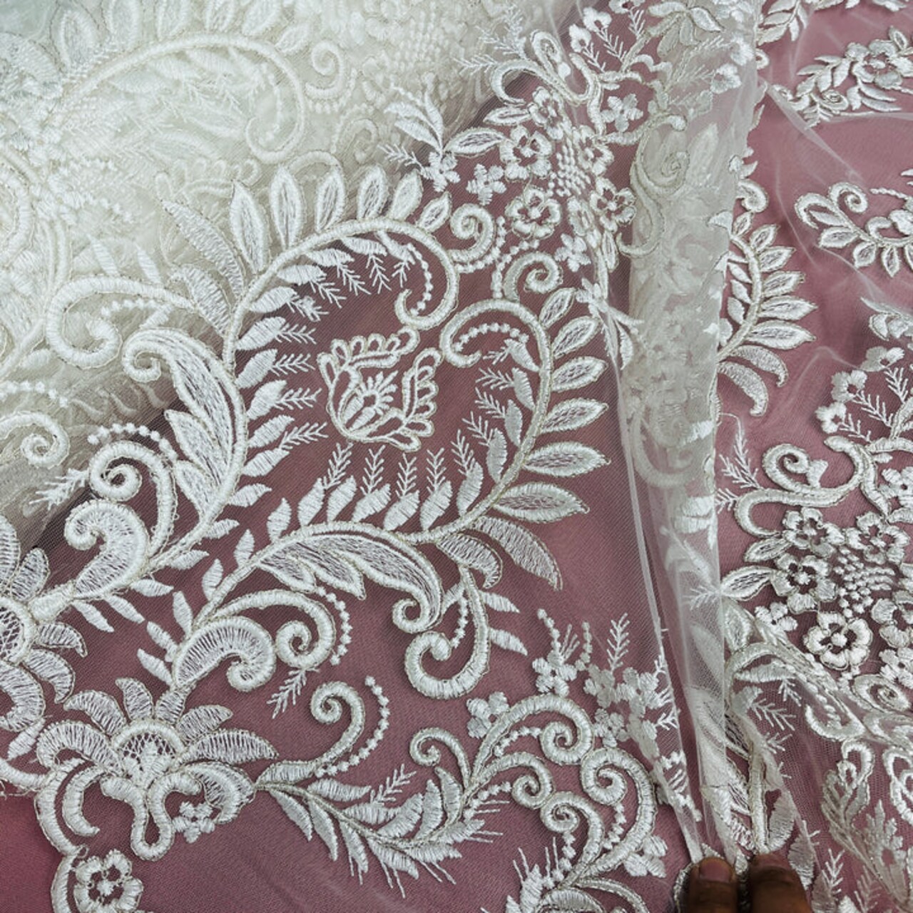 1 Yard Elegant Corded Embroidered Bridal Lace Fabric for Occasion White